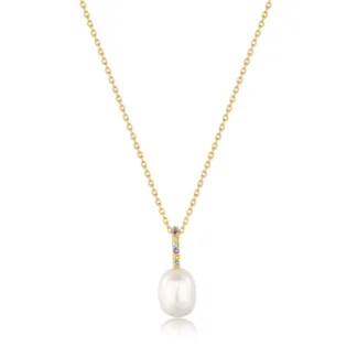 Gold Gem Pearl Drop Pendant Necklace