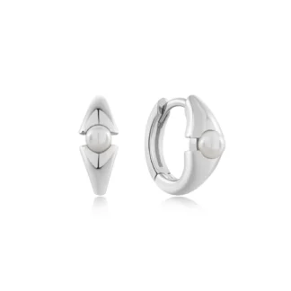 Silver Pearl Geometric Huggie Hoop Earring